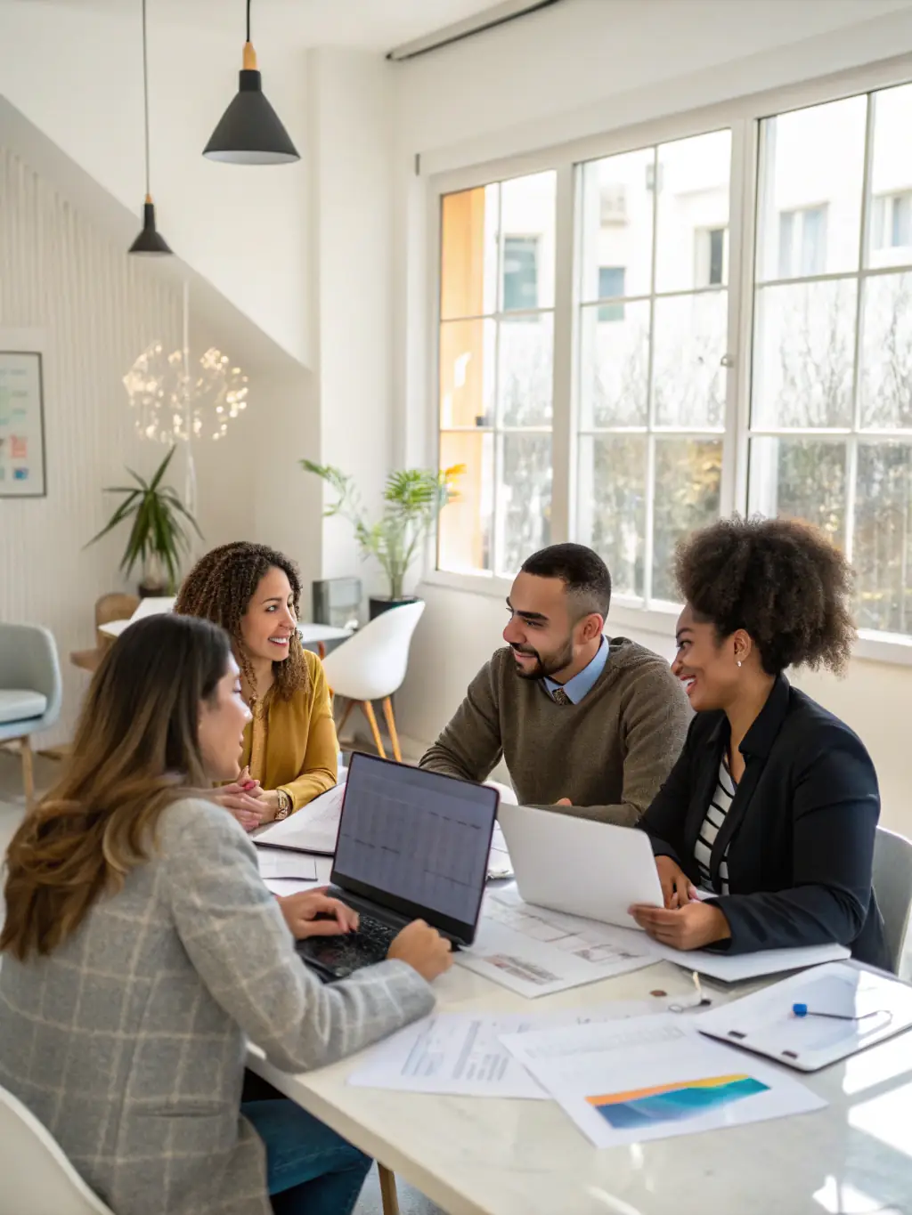 An image depicting a diverse group of South African investors collaborating on financial strategies in a modern office setting, symbolizing ladyup.fun's inclusive approach to investment.