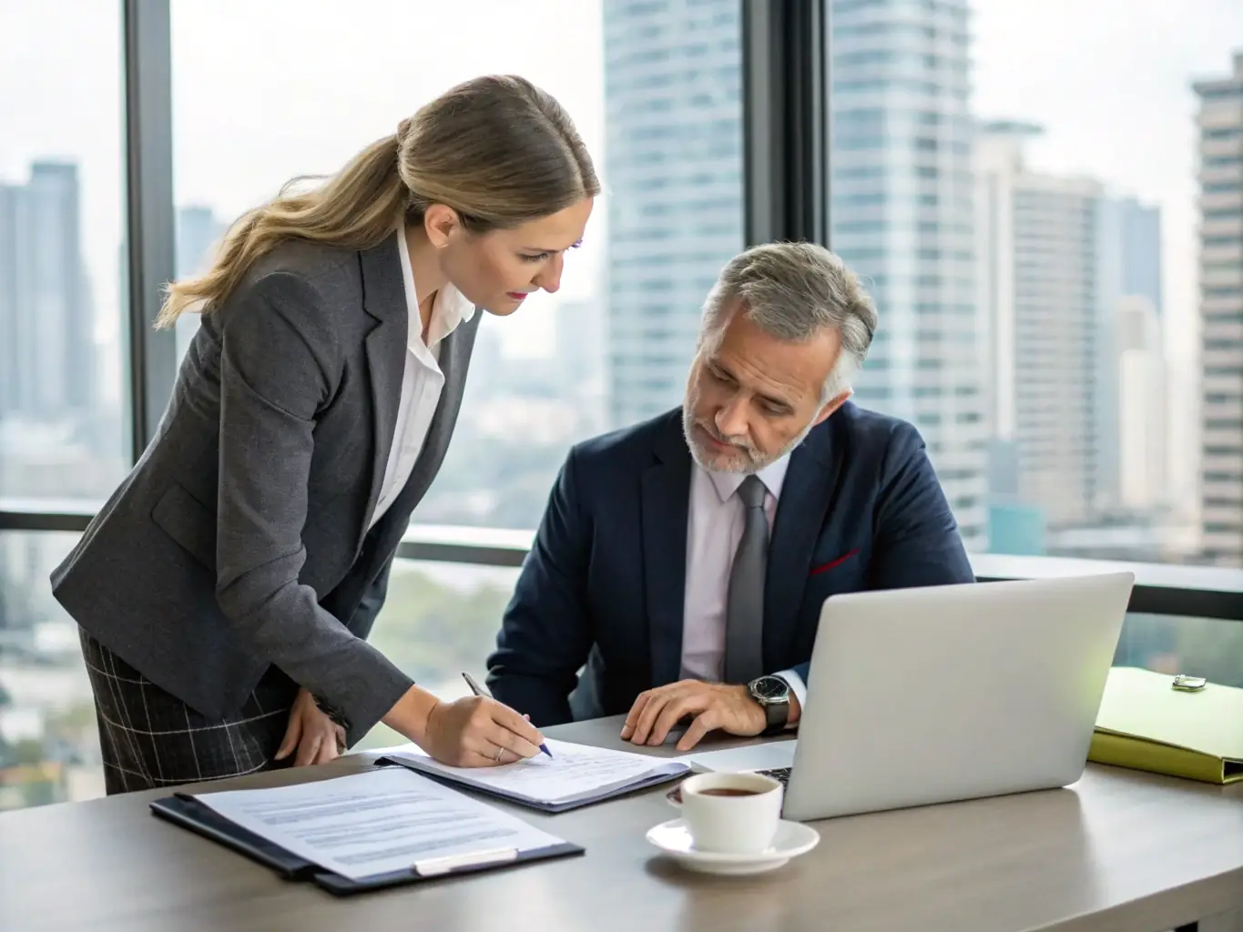 A professional South African financial consultant is sitting at a desk, reviewing financial documents with a client in a modern office setting, emphasizing trust and expertise.